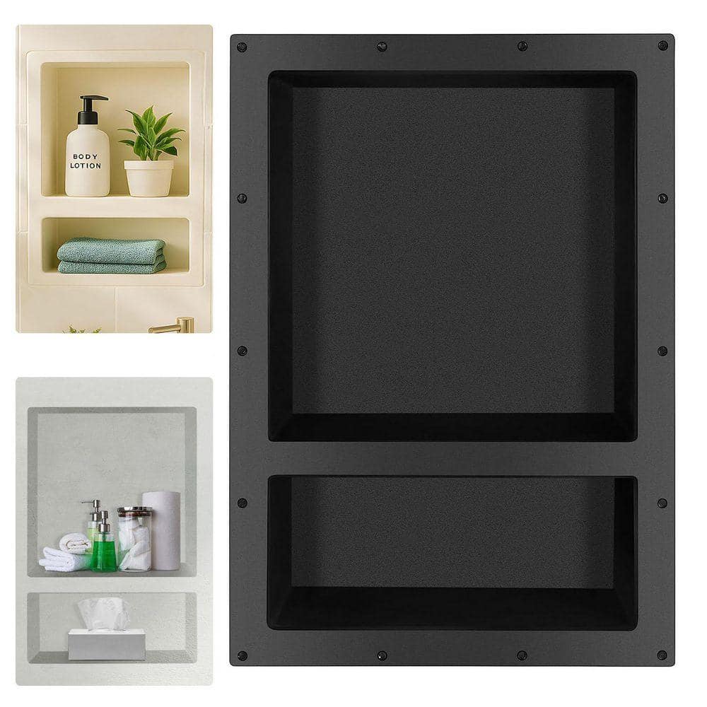 SEEUTEK 17 in. W x 25 in. H x 3.8 in. D Shower Niche Ready for Tile Double Shelf for Shampoo, Toiletry Storage in Black (1)