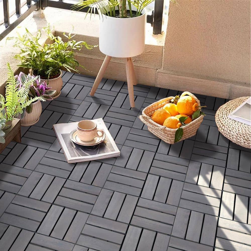 Siavonce 12 in. x 12 in. Square Acacia Wood Interlocking Flooring Tiles Checker Pattern Pack of 10 Tiles Brown (2)