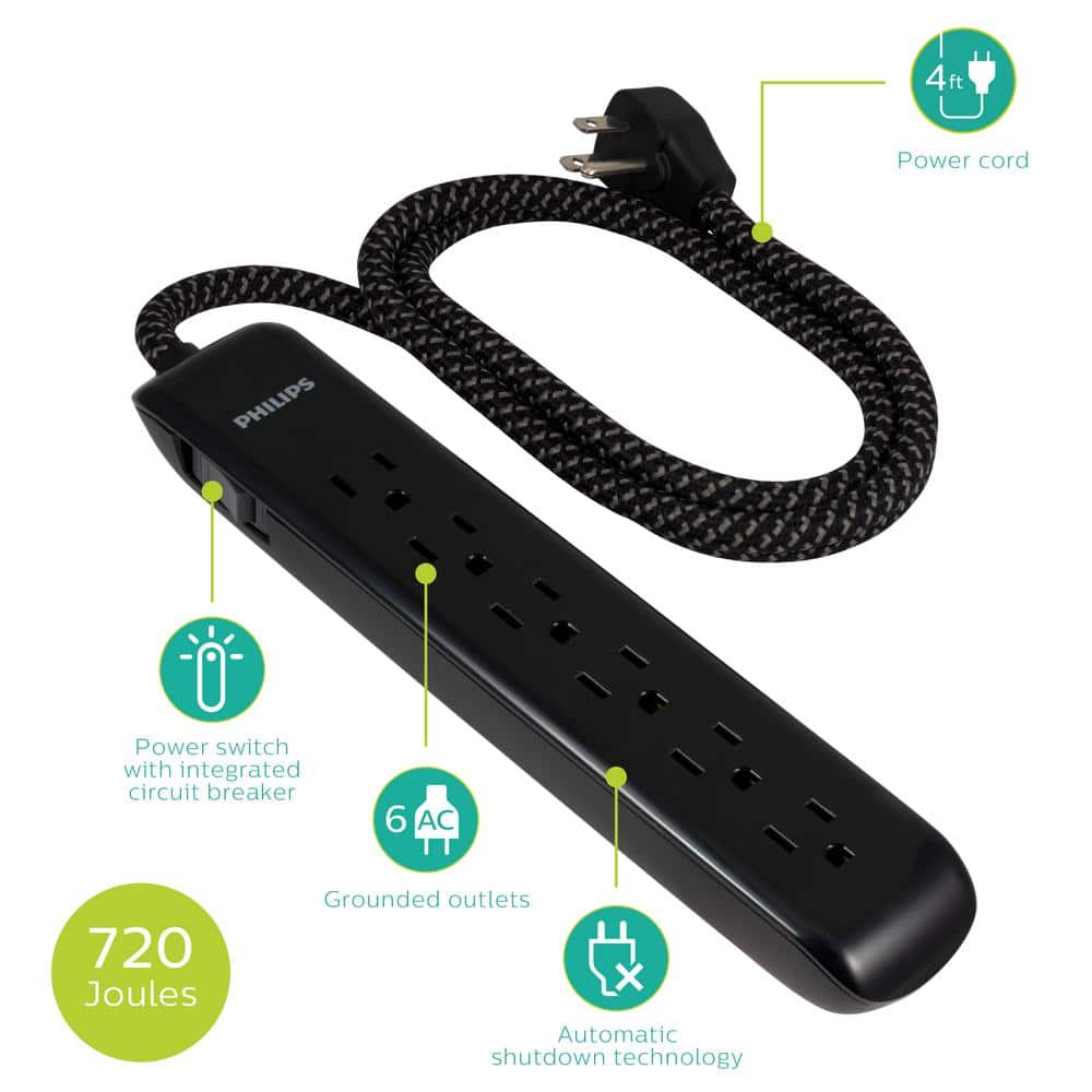 Philips 16/3-4 ft. 6-Outlet Surge Protector Braided Power Extension Cord (3)