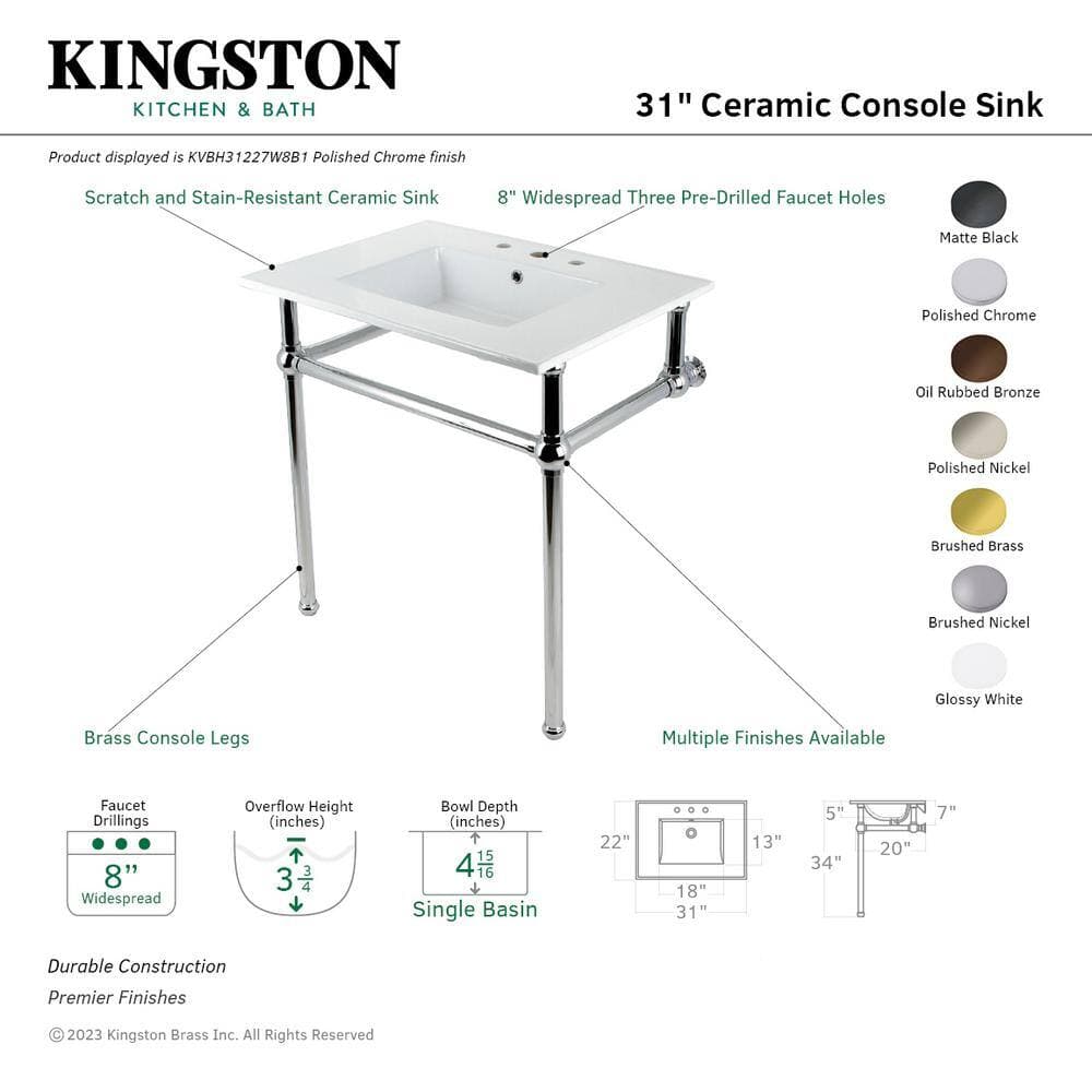 Kingston Brass Fauceture 31 in. Ceramic Console Sink Set with Brass Legs in White/Brushed Brass (3)