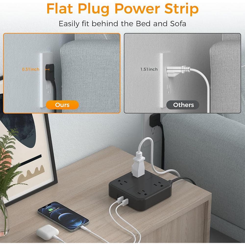 Yichuhaoxi Black Flat Extension Cord 10 FT Power Strip 10 Feet with 4 Widely Outlets 3 USB Wall Charger Ultra Thin Long Power Cord (3)