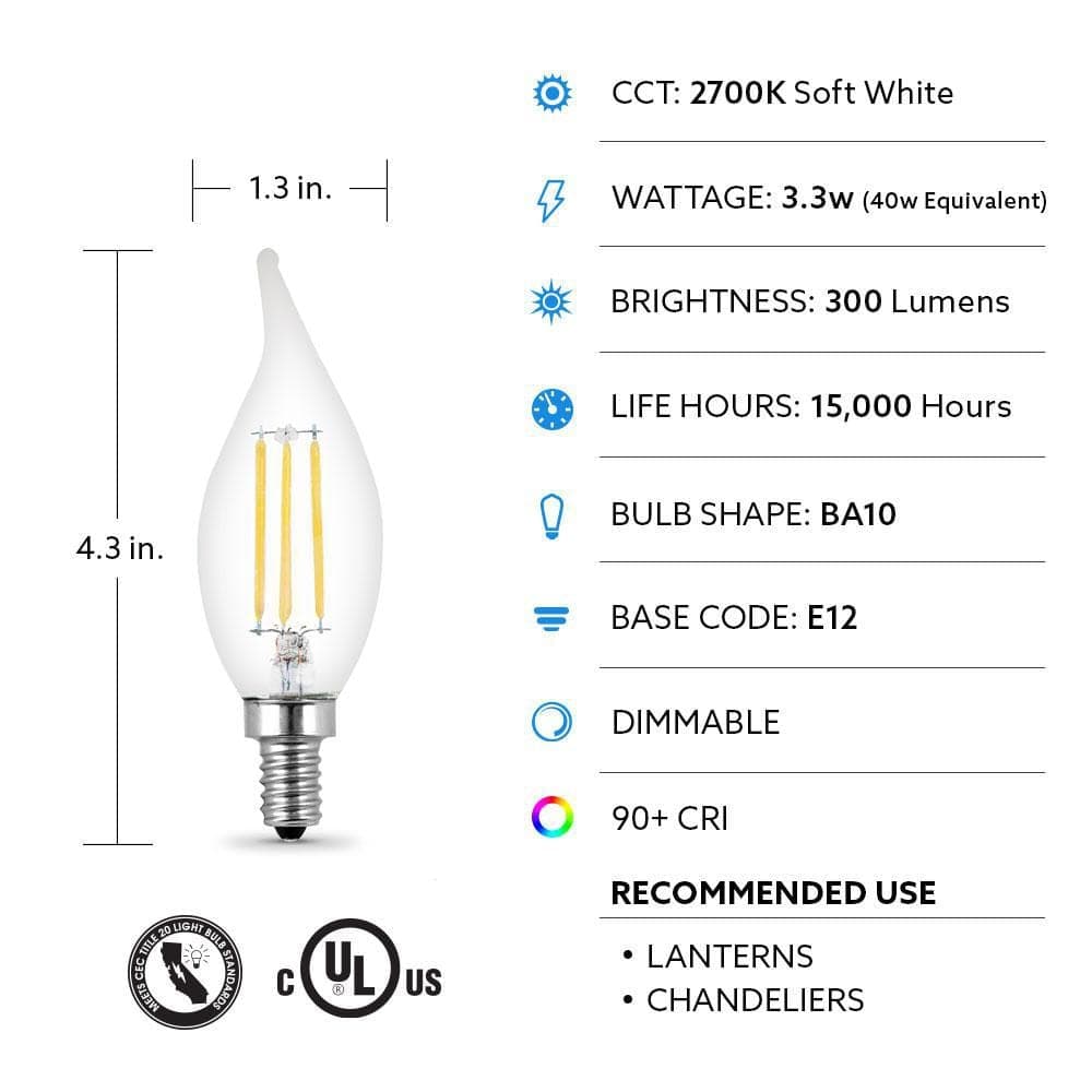Feit Electric 40-Watt Equivalent BA10 E12 Candelabra Dimmable Filament CEC Clear Chandelier LED Light Bulb Soft White 2700K (4-Pack) (4)