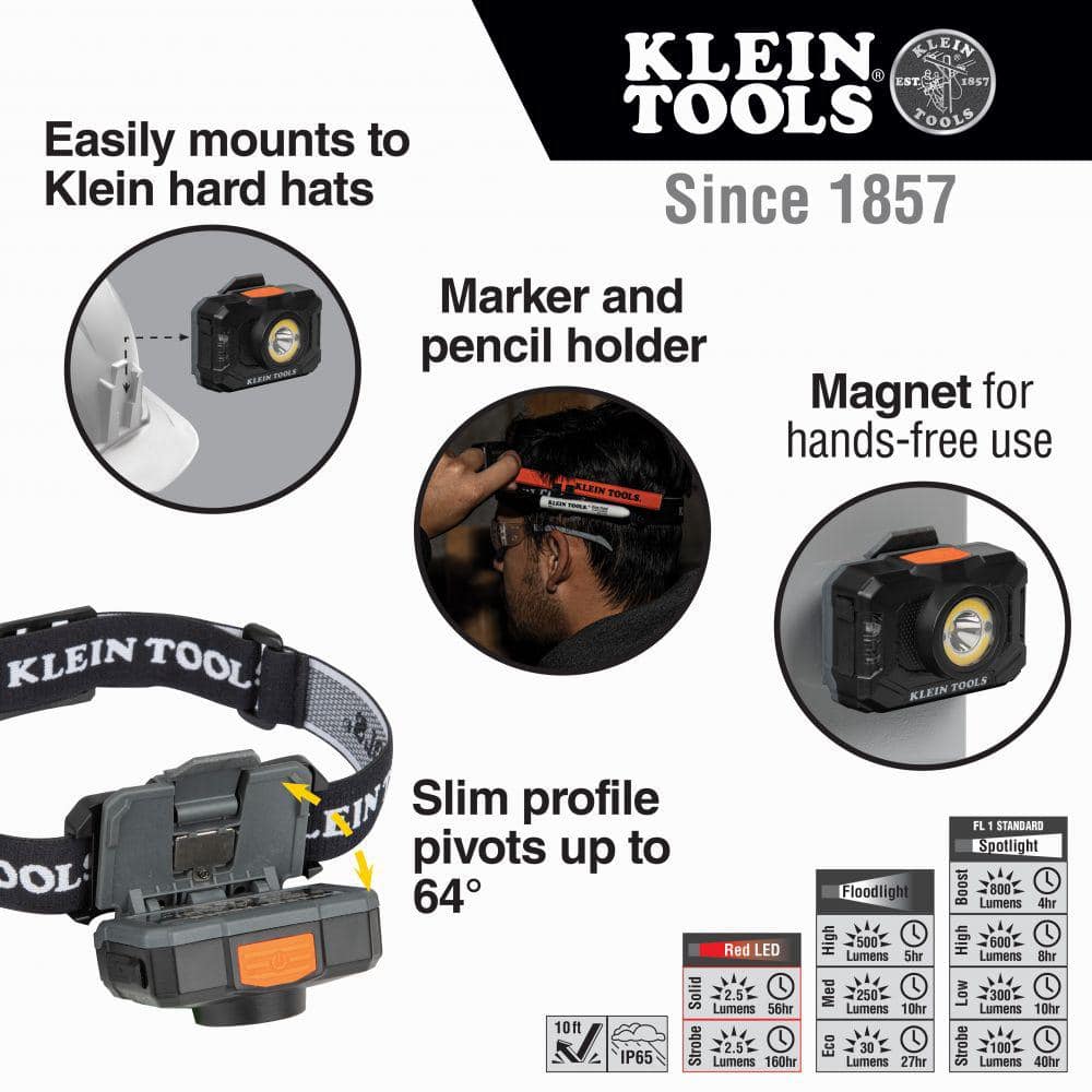 Klein Tools Rechargeable 2-Color LED Headlamp with Adjustable Strap, 800 Lumens, 8 Settings (3)