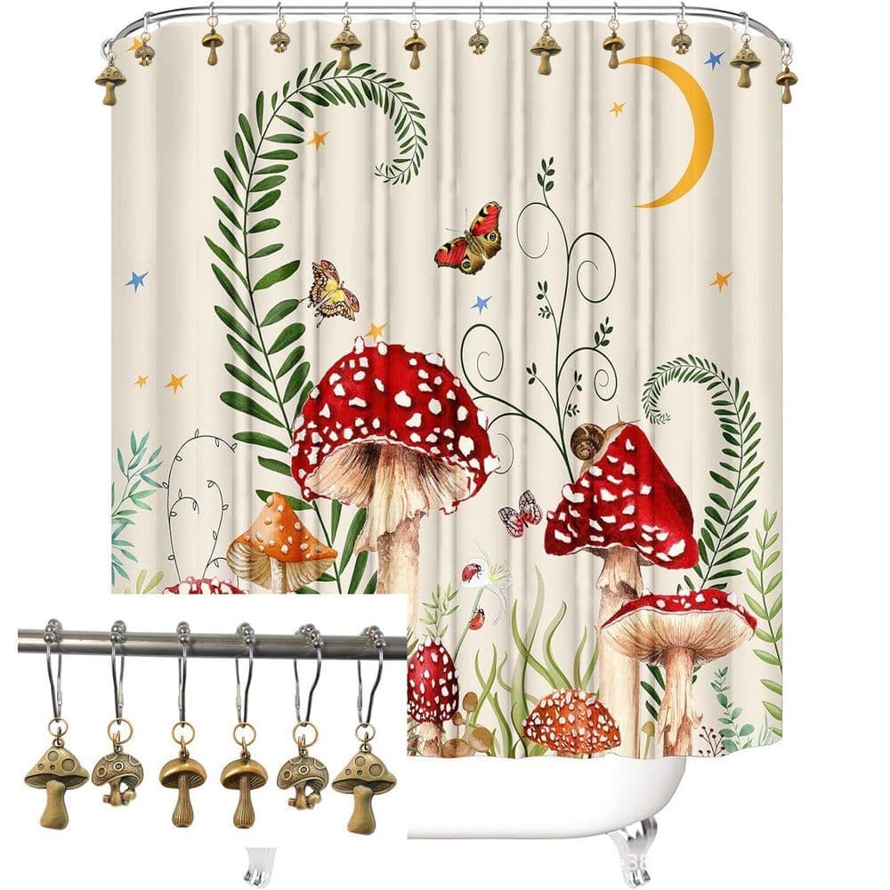KHKFY Mushroom Shower Curtain Hooks Set, 12-Pack Rustproof Metal Rings for Boho Farmhouse Bath, Bronze Finish (3)