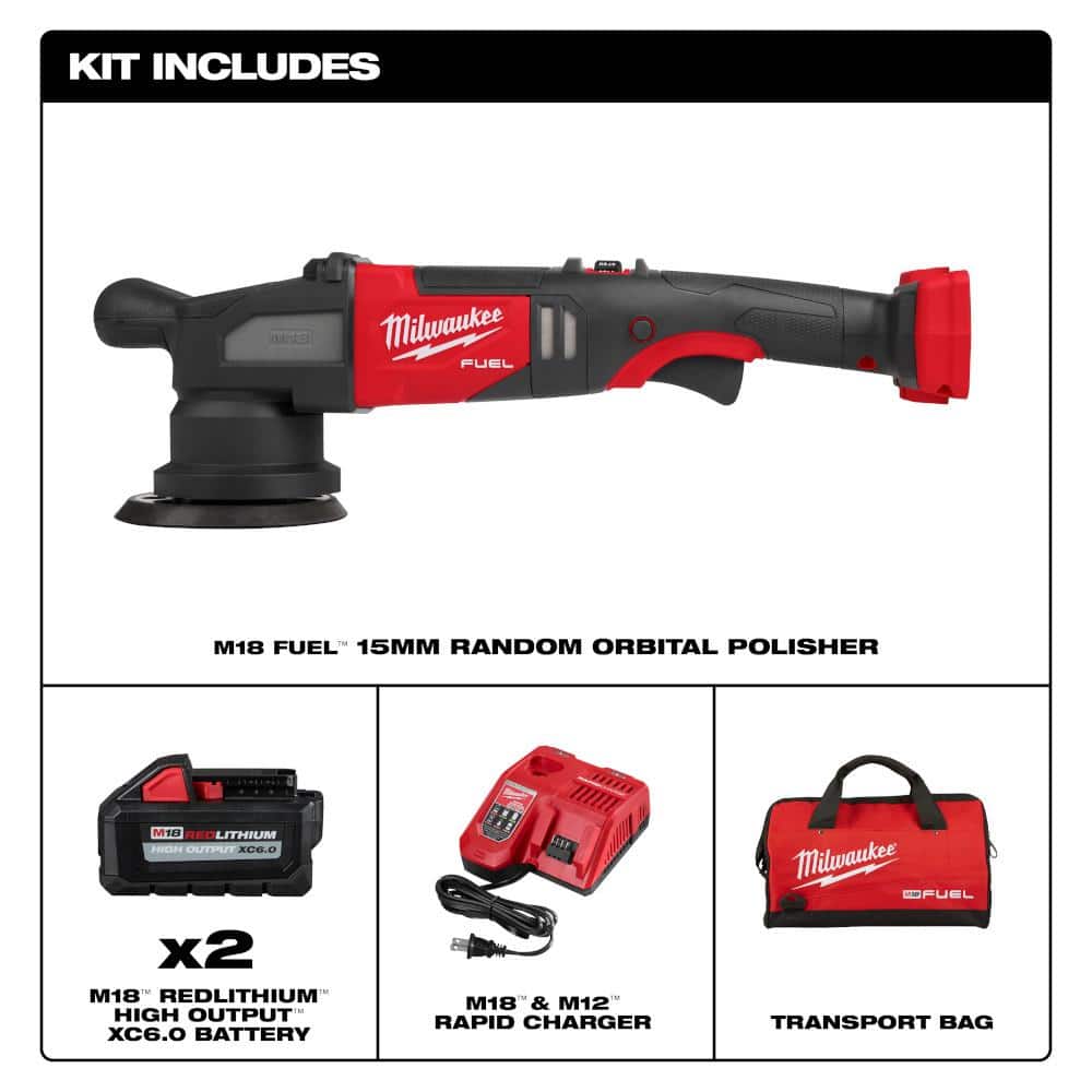 Milwaukee M18 FUEL18V Lithium-Ion Brushless Cordless 15 mm DA Polisher Kit with (2) M18 Batteries, Charger and Bag (2)