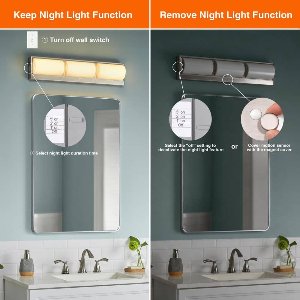 Hampton Bay Bingham 24 in. 3-Light Brushed Nickel LED 5CCT Vanity Light with Frosted Acrylic Shade and Sensor Operated Night Light (4)