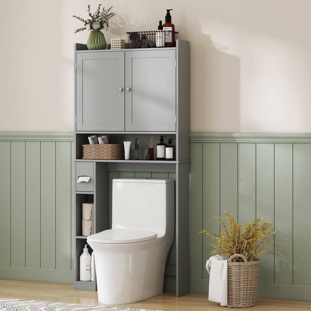 Buruis 31.5 in. W x 66.9 in. H x 7.7 in. D Gray Over The Toilet Storage with Doors and Toilet Paper Holder (2)
