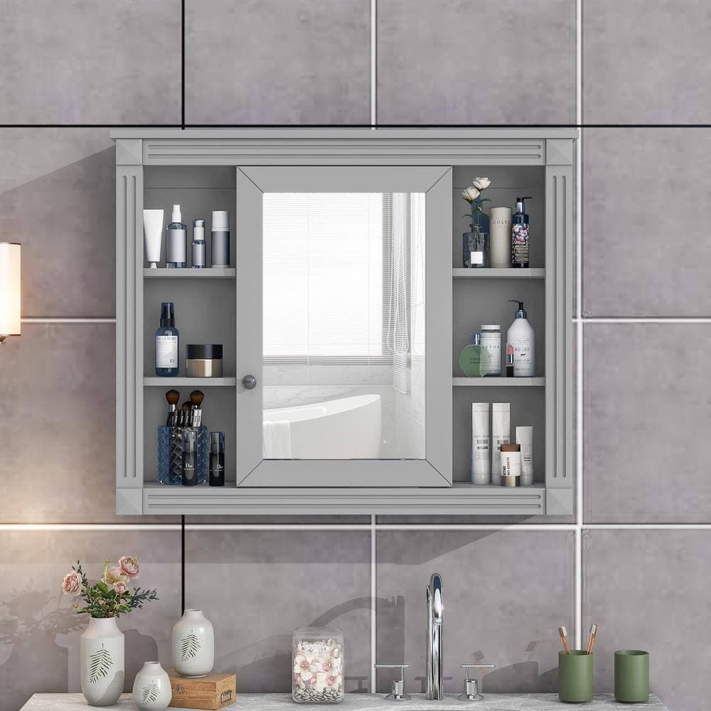 IDEAGLE Wall Mounted 35 in. W 7 in. D 28.7 in. H Bathroom Storage Wall Cabinet Utility Medicine Cabinet with Mirror (4)
