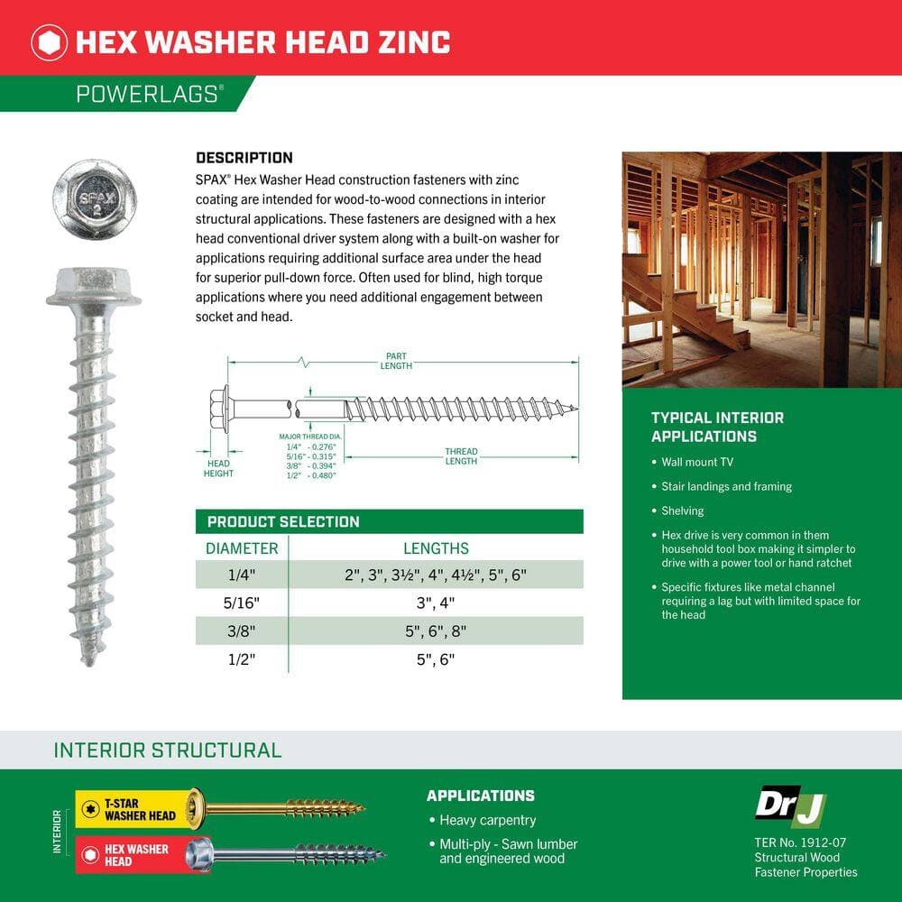 SPAX . Interior Hex Head Structural Wood Lag Screws Powerlags Hex ( Each) Bulk Pail Bit Included (3)