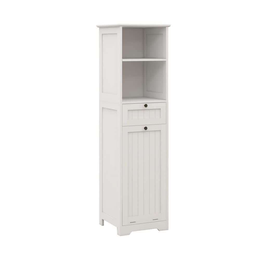 YSQCAR 15.74 in. W x 13.77 in. D x 55 in. H White MDF Freestanding Linen Cabinet with 1-Drawer Tilt-Out Laundry Sorter (1)