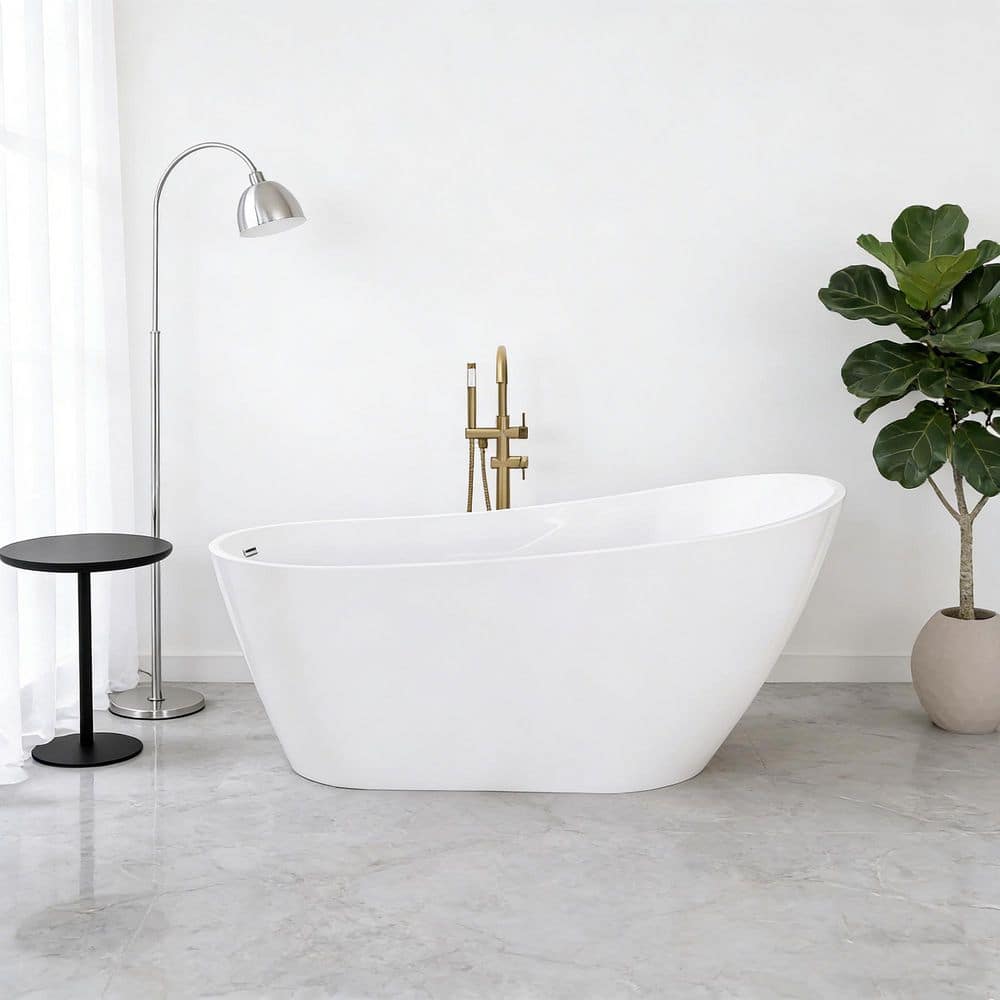 Staykiwi 59.06 in. x 29.53 in. Glossy White Acrylic Freestanding Soaking Bathtub with Chrome Reversible Drain (2)