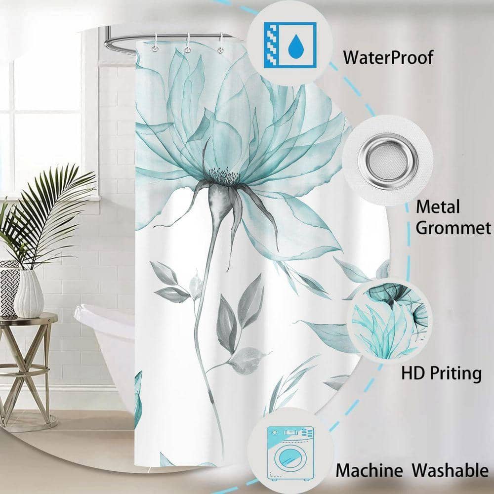 JFVKAF Teal Grey Watercolor Floral Shower Curtain 72x72 Polyester Fabric Waterproof with Hooks Minimalist Aesthetic Art Decor (2)