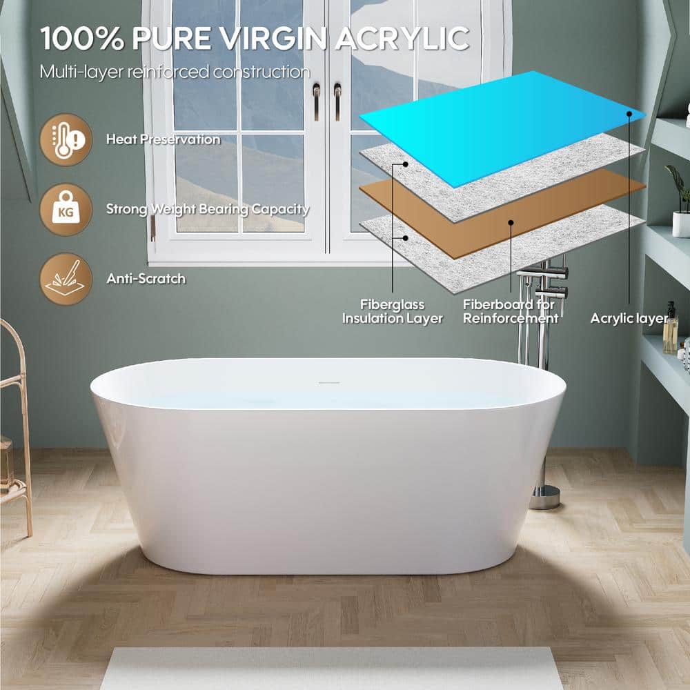 WELLFOR Divan 67 in. x 28.74 in. Soaking Bathtub with Center Drain in Glossy White Freestanding 100% Pure Virgin Acrylic Bathtub (3)