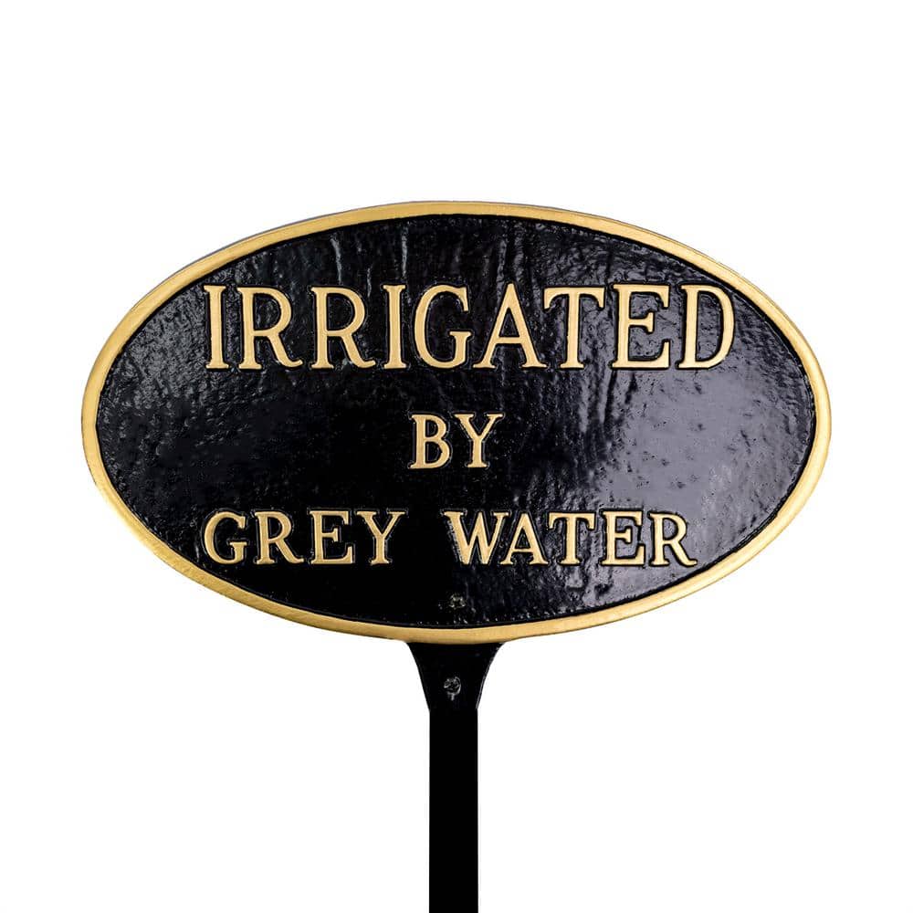 Montague Metal Products 6 in. x 10 in. Small Oval Irrigated By Grey Water Statement Plaque Sign with Lawn Stake - Black/Gold