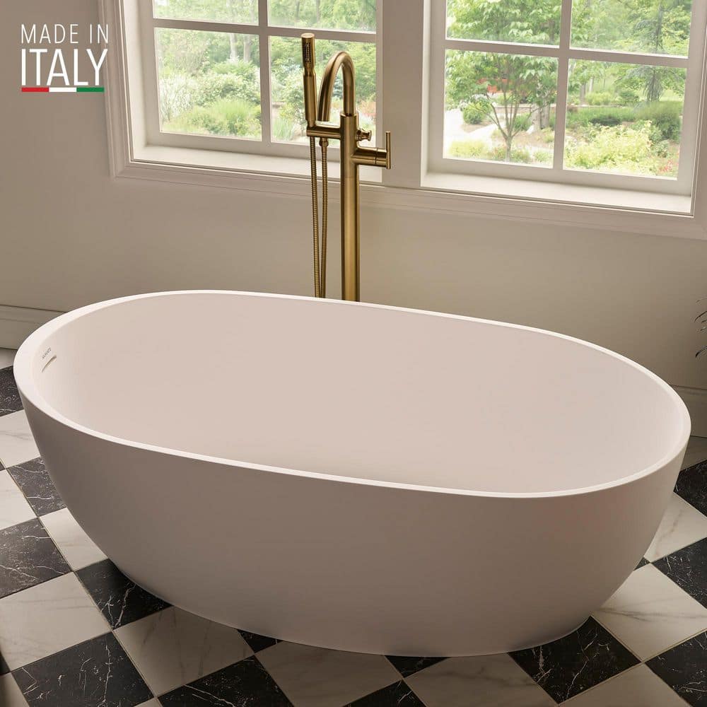 Ruvati Canali 27.5 in. Freestanding Soaking Oval Bathtub drain Matte White epiStone Solid Surface with right