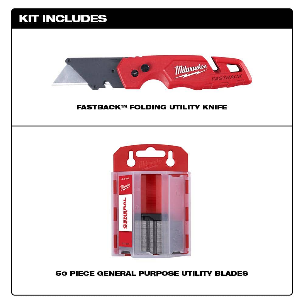Milwaukee FASTBACK Folding Utility Knife with Blade Storage and General Purpose Utility Blade Set w/11-in-1 Screwdriver (2)