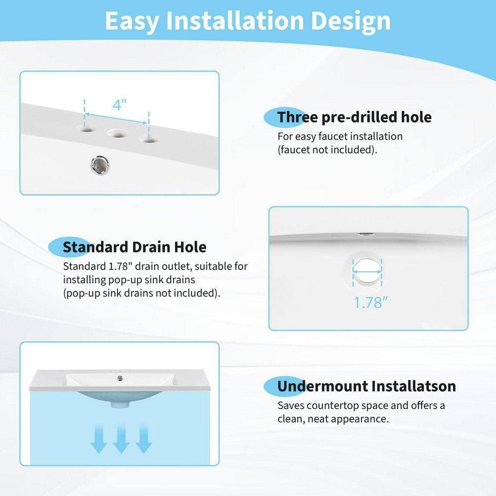 Dimakai 36 in. Drop-in Bathroom Sink in White Resin Rectangular 3 Hole Bath Vanity Sink Only (3)