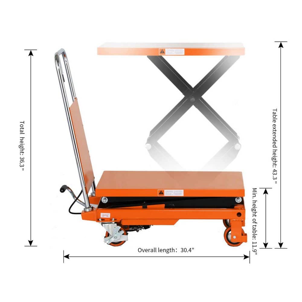TORY CARRIER 330 lbs. Hydraulic Double Scissors Lift Table 43.3 in. Lift with 27.6 x 17.7 x 1.4 in. Work Support Platform Orange (3)