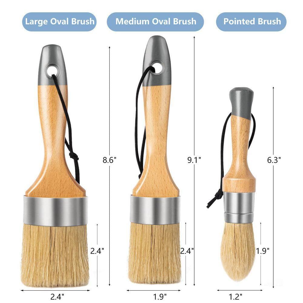 Laybus 3 Pcs Wood Natural Bristles 8.6 in. x 2.4 in. Chalk Wax Paint Brush 1 Small Round Brush and 2 Large Oval Brushes (2)