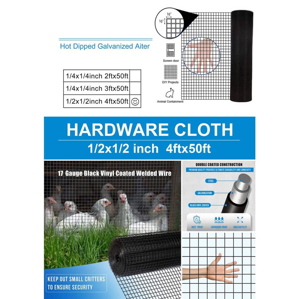 PDTEND 4 ft. x 50 ft. Outdoor 1/2 in. 19 Gauge Black Metal Hot-dip Galvanized Welding Chicken Wire Fence Roll Poultry Netting (2)