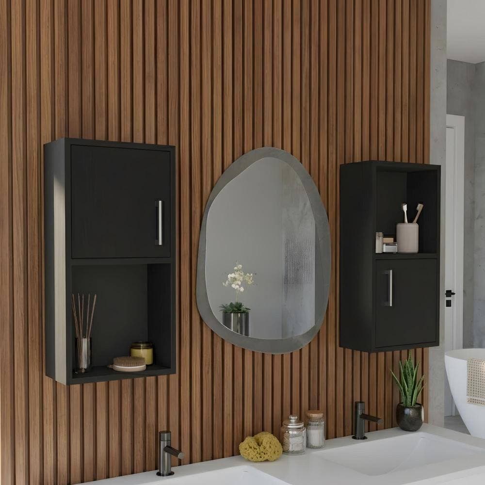 Zuvandra 11.8"W x 6.2"D x 23.6"H Particleboard Bathroom Wall Cabinet Set (2-Piece) with Single-Door Cabinet and Shelf in Black (2)