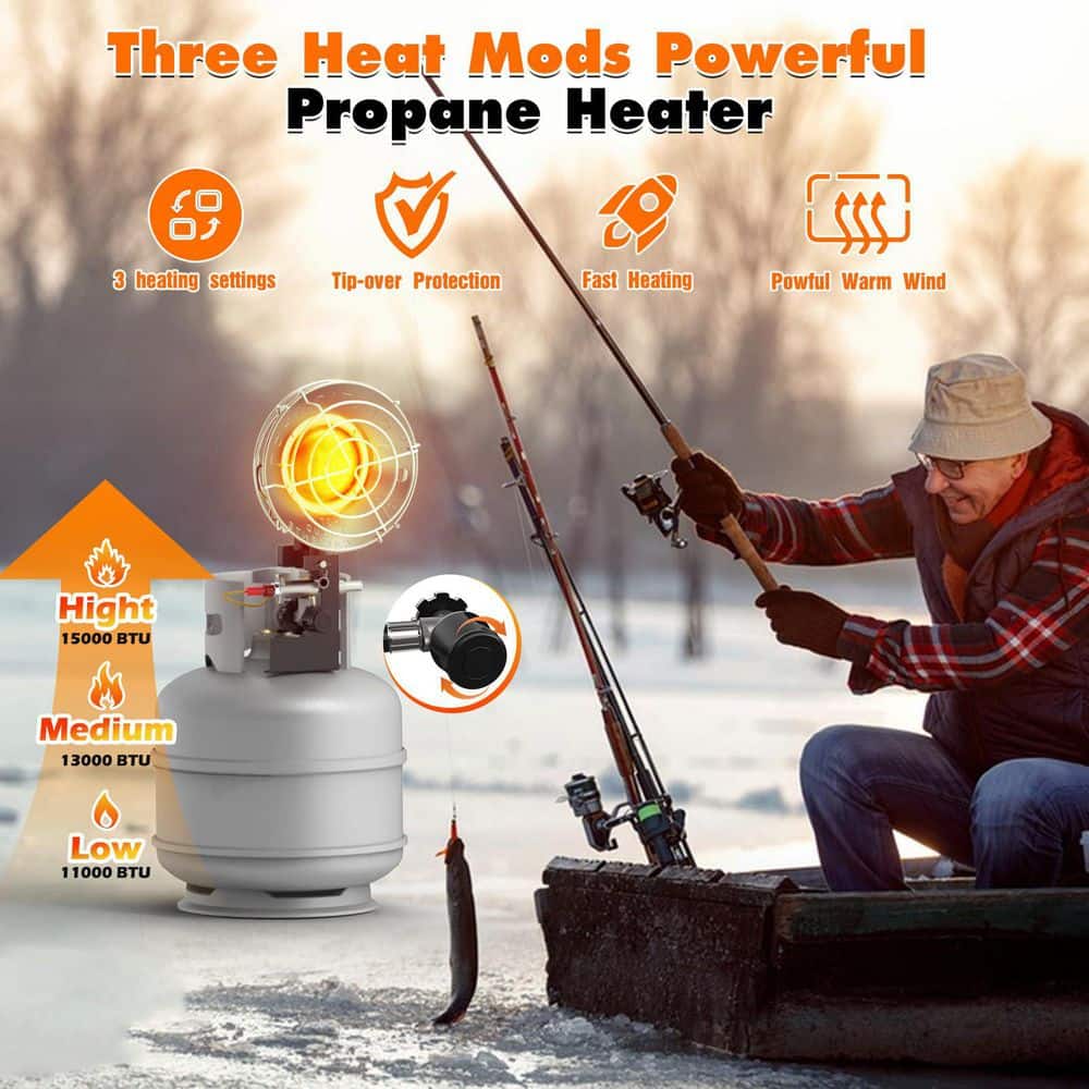 SenQWFa 15000 BTU Portable Propane Patio Heater Adjustable Heat Control Safety Shut-Off Valve Steel Silver Outdoor Use (2)