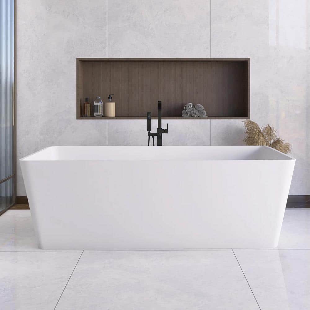 JimsMaison 67 in. x 31.5 in. Solid Surface Freestanding Soaking Bathtub with Center Drain in Matte White (1)