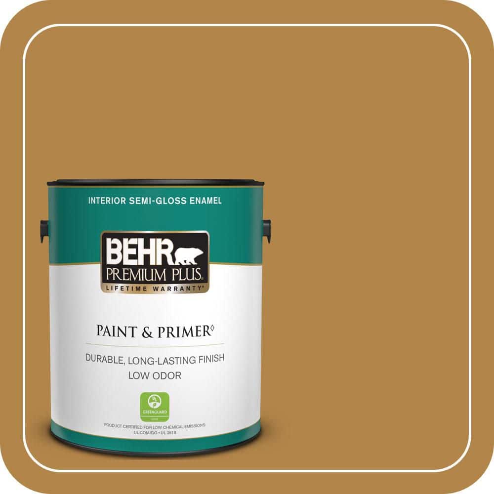 BEHR PREMIUM PLUS 1 gal. #MQ4-09 Rice Curry Semi-Gloss Enamel Low Odor Interior Paint & Primer