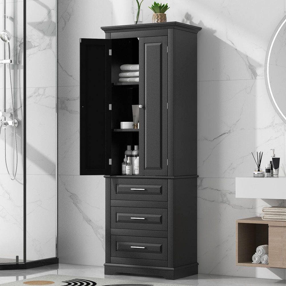 YSQCAR 24 in. W x 16 in. D x 70 in. H Black MDF Freestanding Linen Cabinet with Door, Drawer, Adjustable Shelf (3)