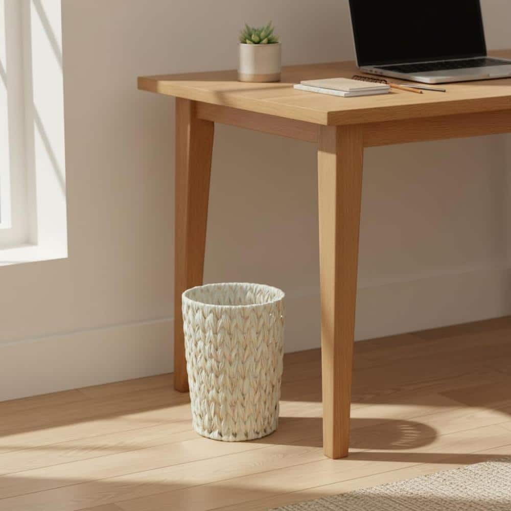 Unbranded 2 Gallon Decorative Round Handwoven Boho Wicker Waste Basket with Reinforced Metal Frame Cream White (3)