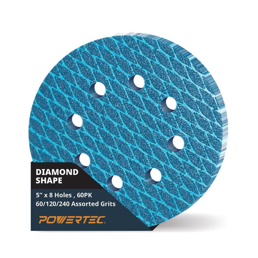 ‎POWERTEC 5 in. 8-Hole Hook and Loop Diamond Shaped Sanding Discs, Assorted Grits (60/120/240) for Random Orbital Sanders, 60-Pack (1)