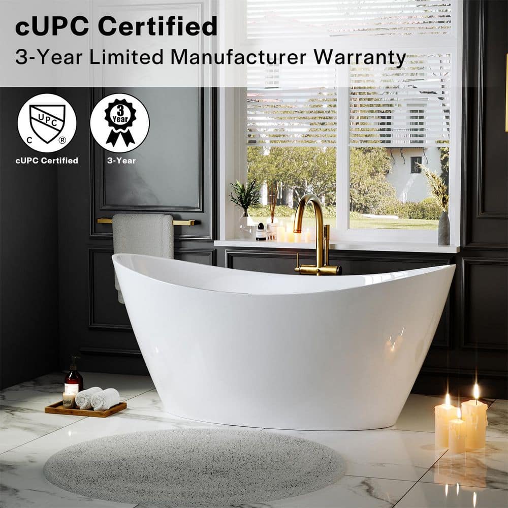Empava 59 in. x 29.5 in. Freestanding Flat Bottom Bath Tub Oval Soaking Bathtub with Center Drain in White (3)