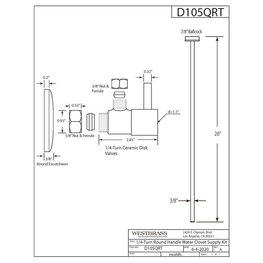 Westbrass 5/8 in. 3/8 in. OD Flat Head Toilet Supply Line Kit with Round Handle 1/4-Turn Angle Stop (2)