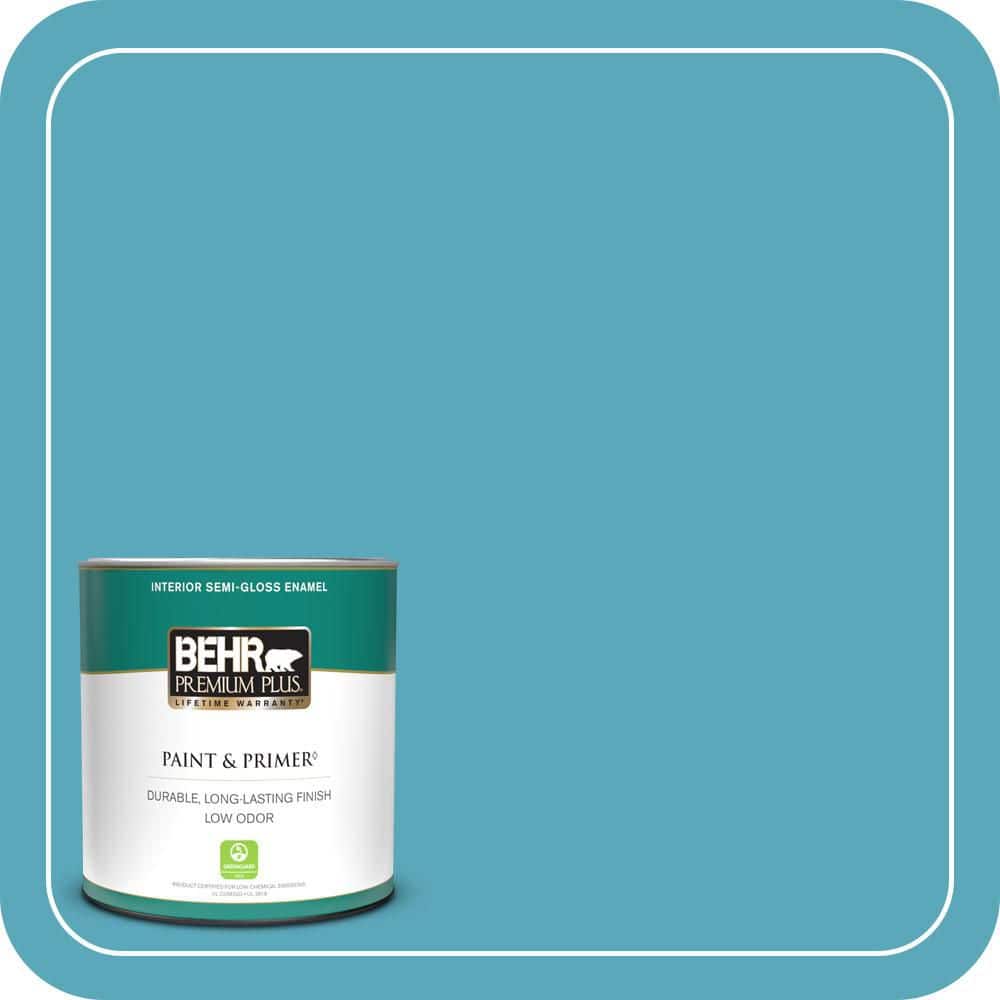 BEHR PREMIUM PLUS 1 qt. #T15-11 Sonic Blue Semi-Gloss Enamel Low Odor Interior Paint & Primer
