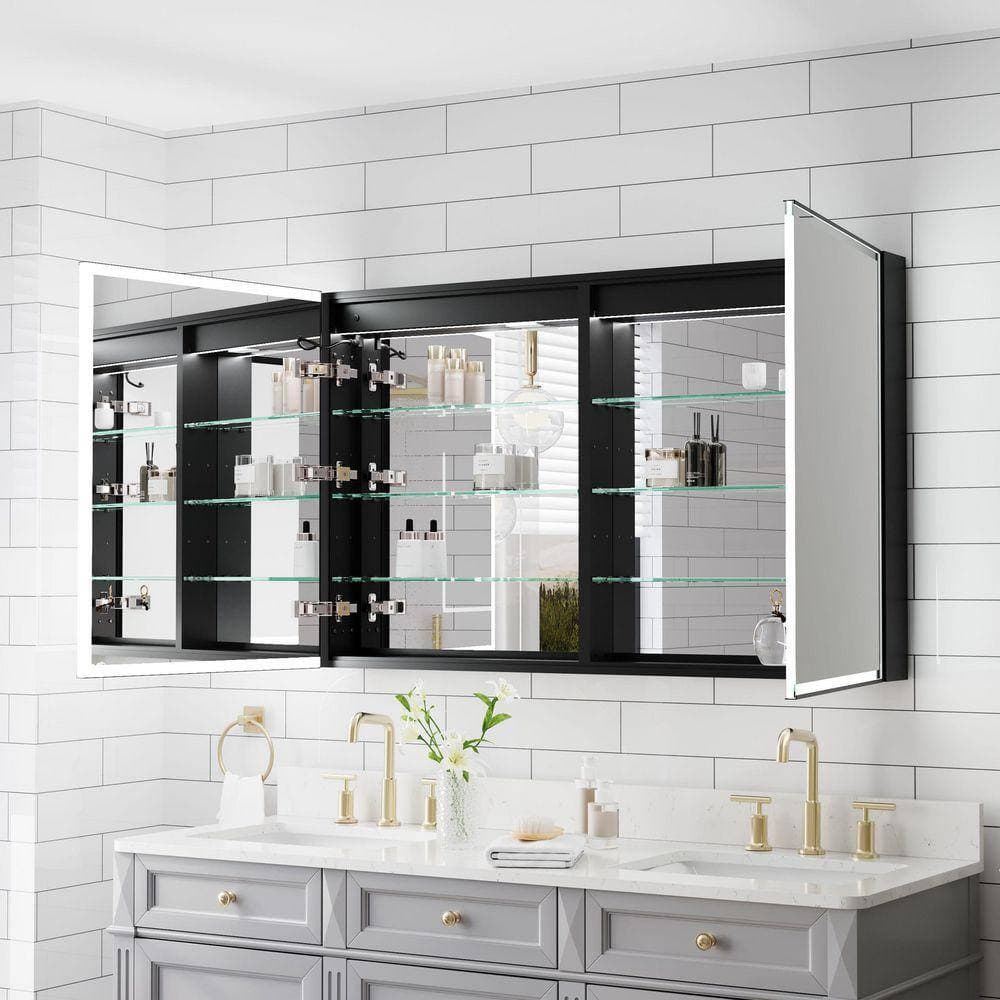 Eoviamne 48 in. W x 30 in. H Rectangular Bi-View Aluminum LED Medicine Cabinet with Mirror, Recessed/Surface Mount, Outlet (3)