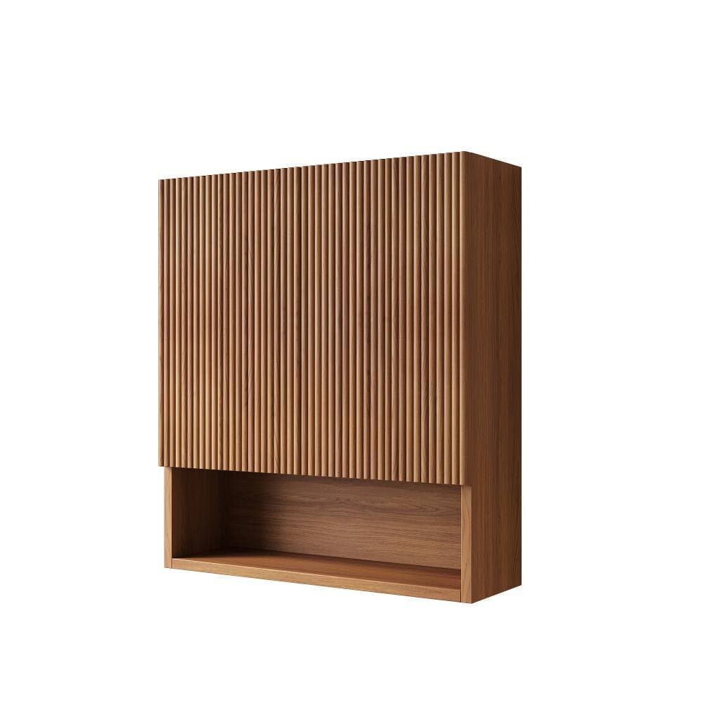 Flynama 26-Inch Striped Wall Mount Cabinet, Doors & Open Storage, Over Toilet Cabinet, Brown Oak Finish (3)