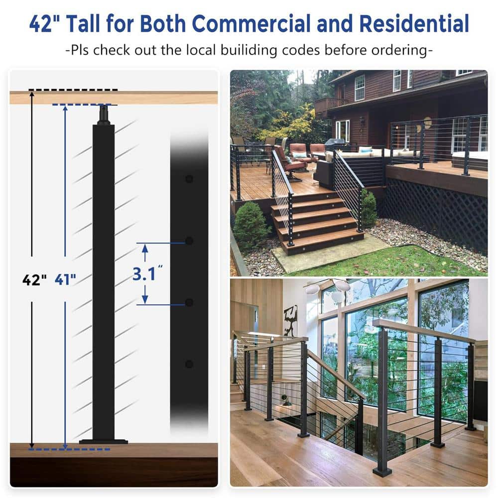 Afoxsos Stainless Steel 42 in. Adjustable Top 33 Deg Railing Stair Post with Cable Grommet Fit for 25-35 Deg. Stairway (2-Pack) (3)