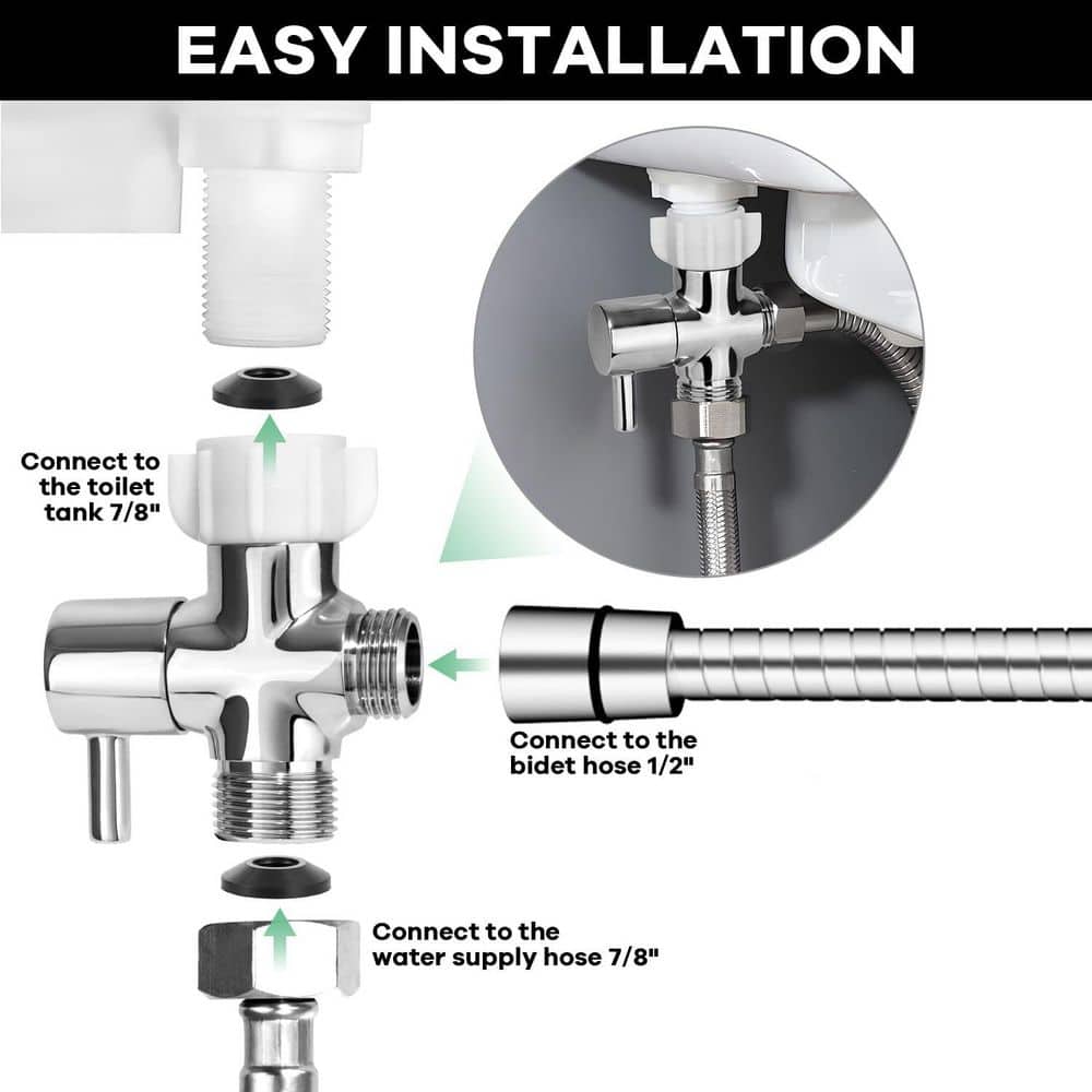 Wudkey 2-Piece Brass Bidet T-Adapter with Shut-Off Valve and 15.75 in. Flexible Hose in Chrome Plated Finish (3)