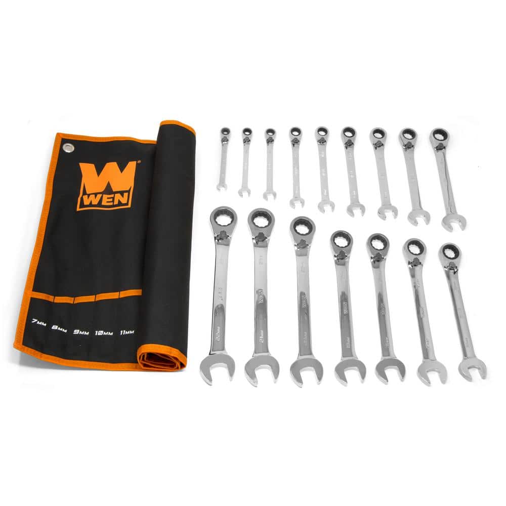 WEN 16-Piece Professional-Grade Reversible Ratcheting Metric Combination Wrench Set with Storage Pouch (1)