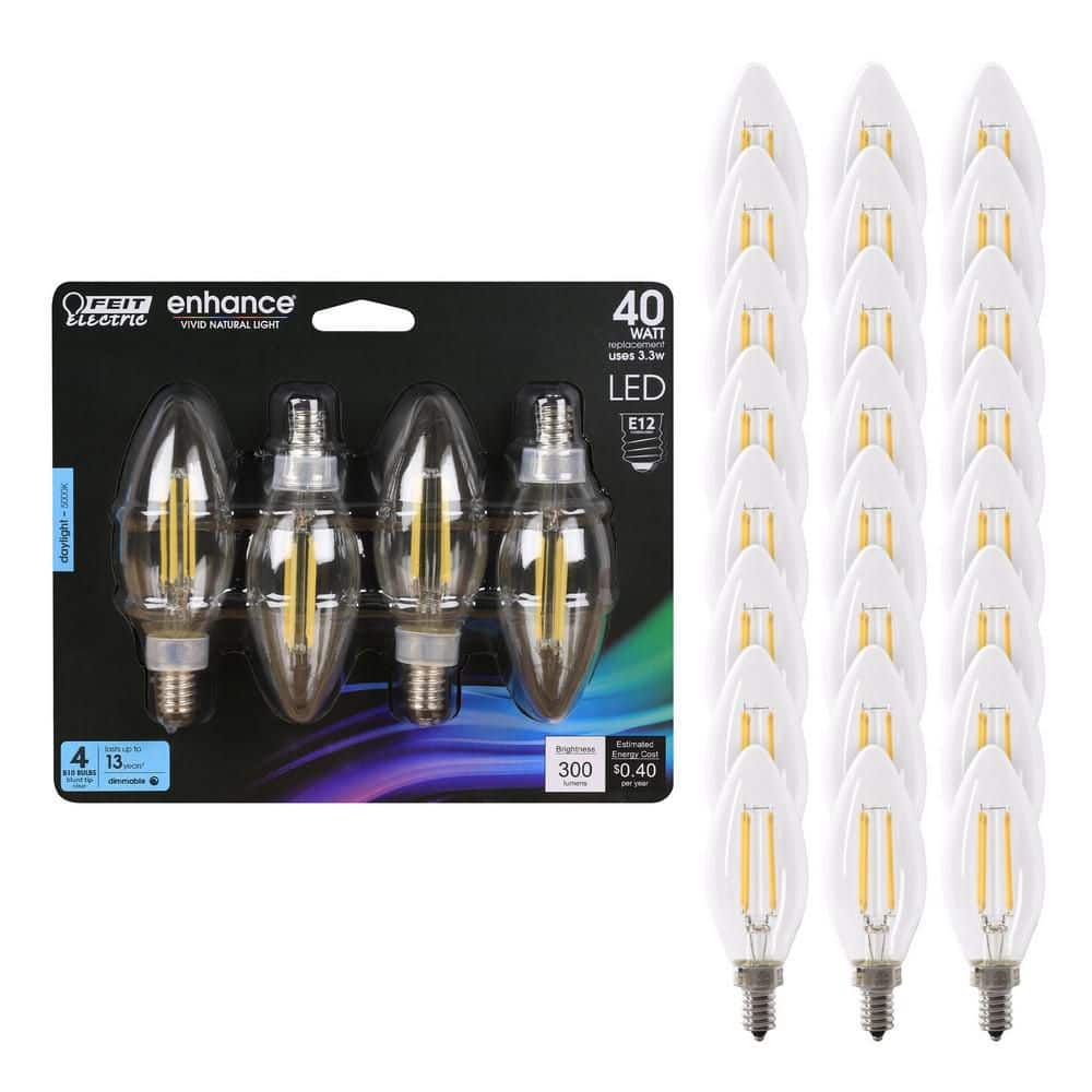 Feit Electric 40-Watt Equivalent B10 E12 Candelabra Dimmable Filament CEC Clear Glass Chandelier LED Light Bulb Daylight (24-Pack)