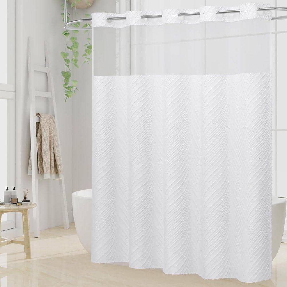 JFVKAF No Hook Boho Tufted Leaves Shower Curtain and Snap Liner Set with See Through Top Window 72x74 White Polyester (3)