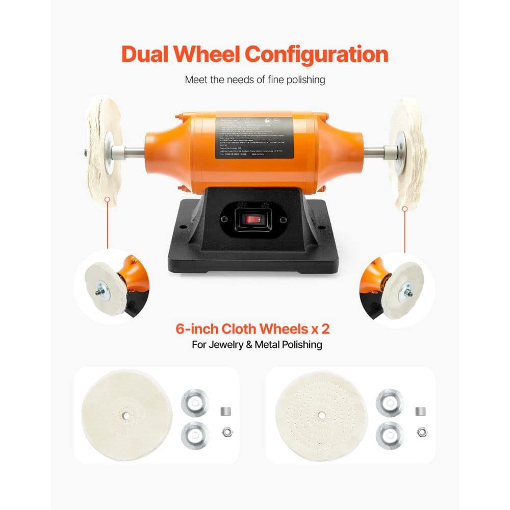 SKYSHALO 6 in. 1/2HP Bench Buffer Polisher, 3450RPM Single Speed, Cast Iron Base, 2-Pieces Cloth Wheels for Metal, Jewelry, Wood. (2)