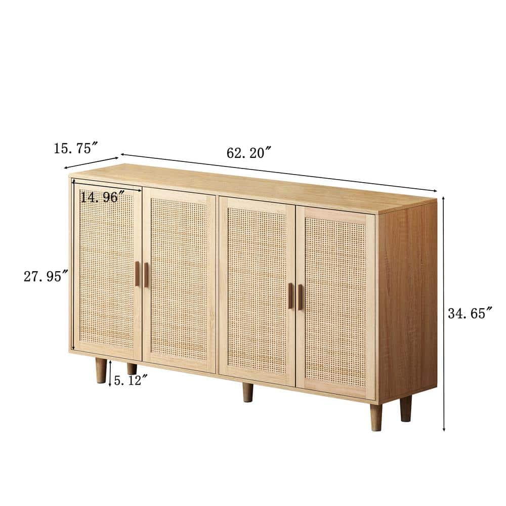 Unbranded 62.2 in. W x 15.75 in. D x 34.65 in. H Brown Linen Cabinet with 4-Door Rattan Decorative Cabinet for Living Room, Office (3)