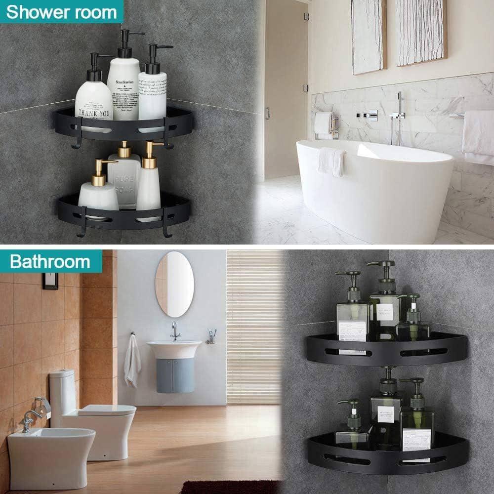 Unbranded 8.86in L 1.77in H Space Aluminum Adhesive Wall Mount Shower Shelf in Silver Ventilated Design No Drilling 2-Tier (3)