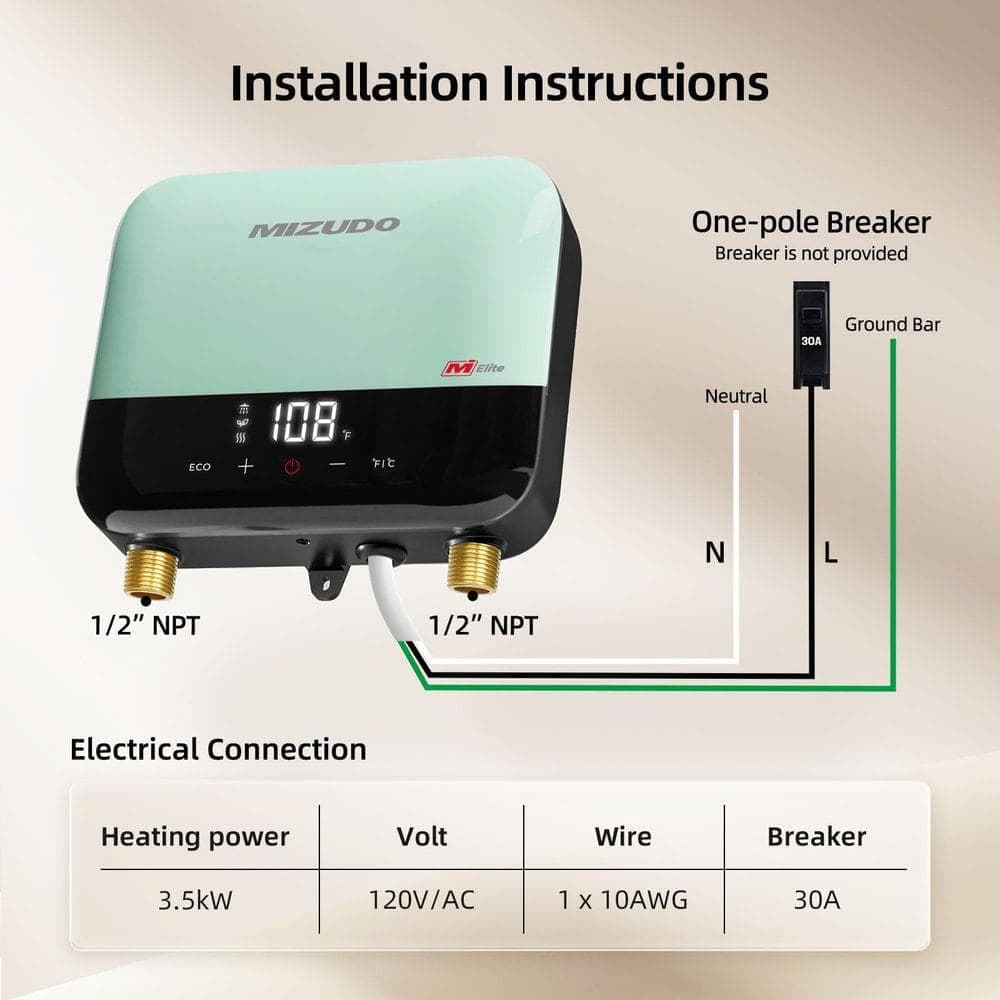 MIZUDO Elite 3.5 kW 0.68 GPM 120-Volt Point of Use Tankless Electric Instant Hot Water Heater, Light Green (2)