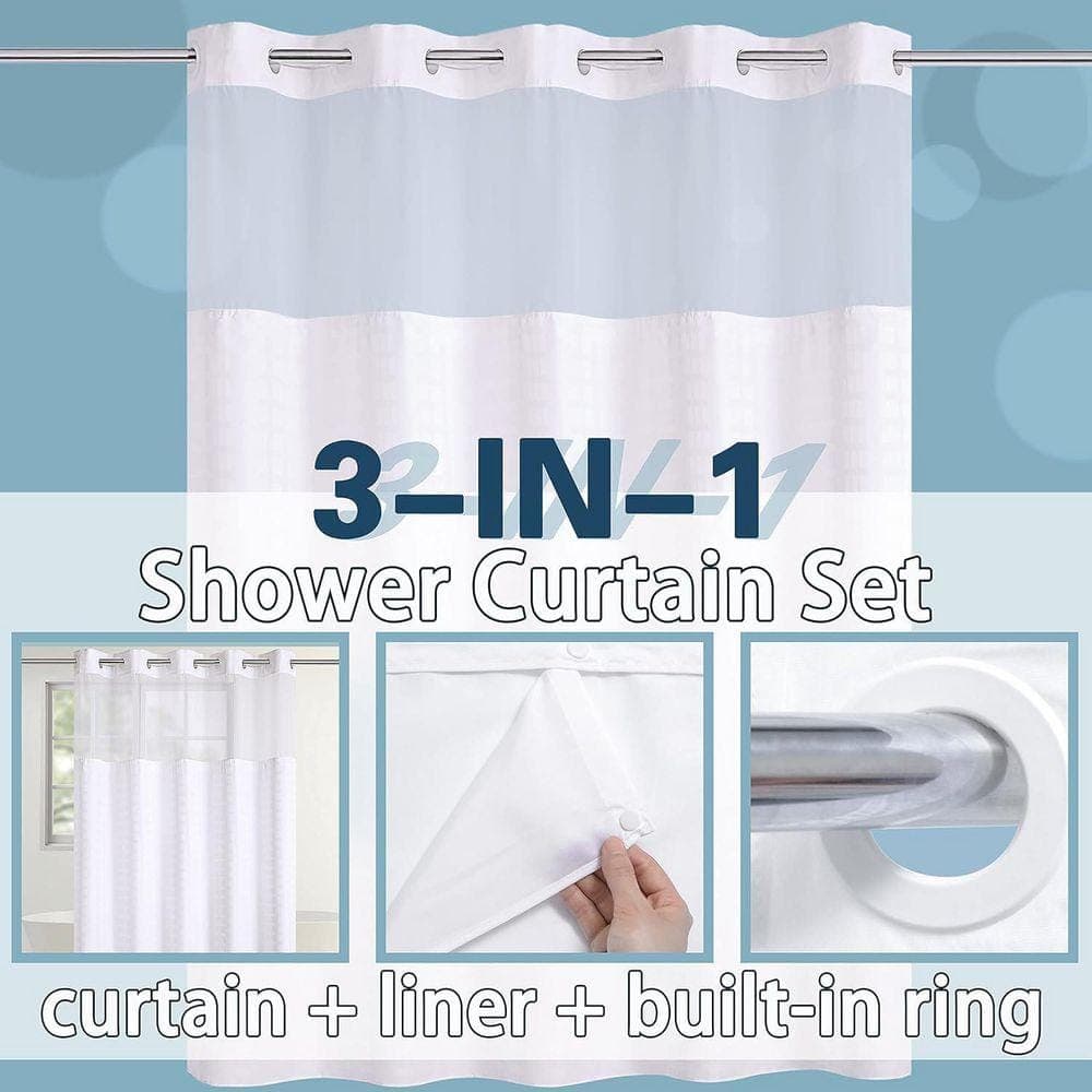 JFVKAF Extra Long Fabric Shower Curtain Set with Snap-In Liner and See Through Window Grid-White 71 x 84 (2)