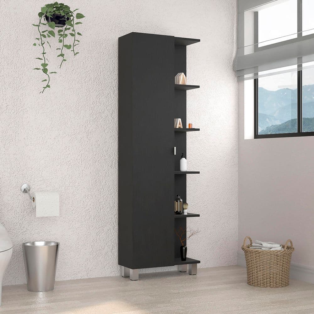 YSQCAR 20.15 in. W x 8.46 in. D x 62.2 in. H Black MDF Freestanding Linen Cabinet with Door, Five Open Shelves (2)
