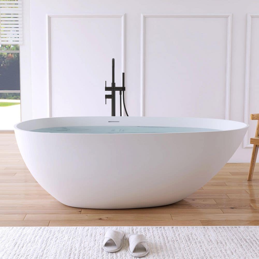 MEDUNJESS Luna 67 in. x 33 in. Stone Resin Solid Surface Matte Flatbottom Freestanding Soaking Bathtub in White