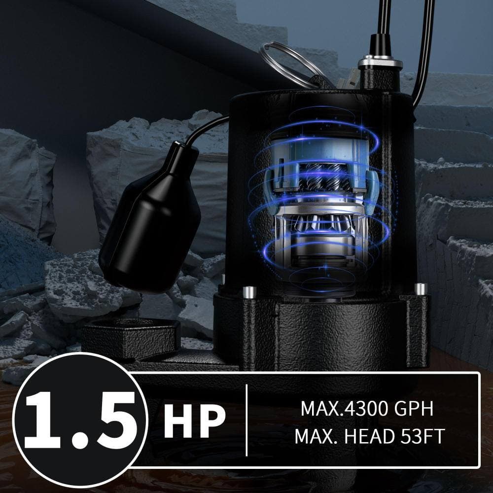 Unbranded 1.5 HP Submersible Sewage and Effluent Pump with Float Switch, 4300 GPH, 53 ft Lift, Cast Iron, 2 in NPT (3)