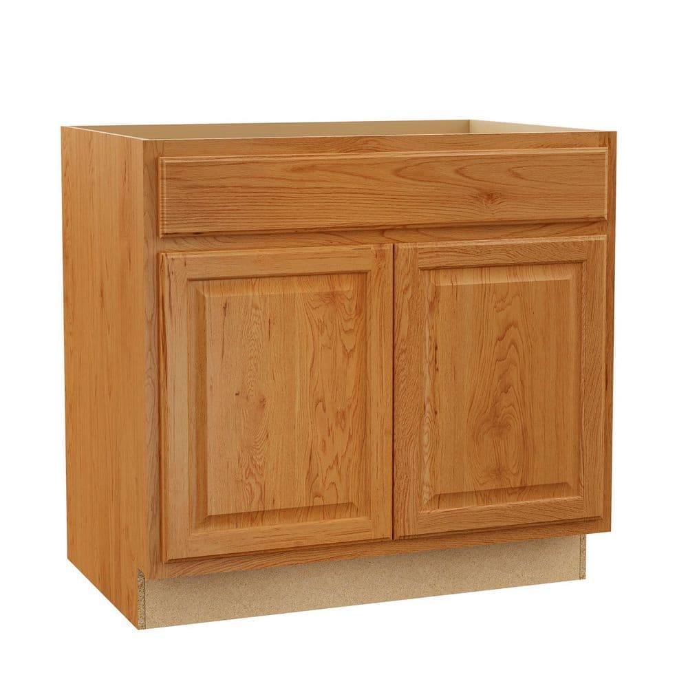 Hampton Bay Hampton 36 in. W x 24 in. D x 34.5 in. H Assembled Sink Base Kitchen Cabinet in Medium Oak (1)